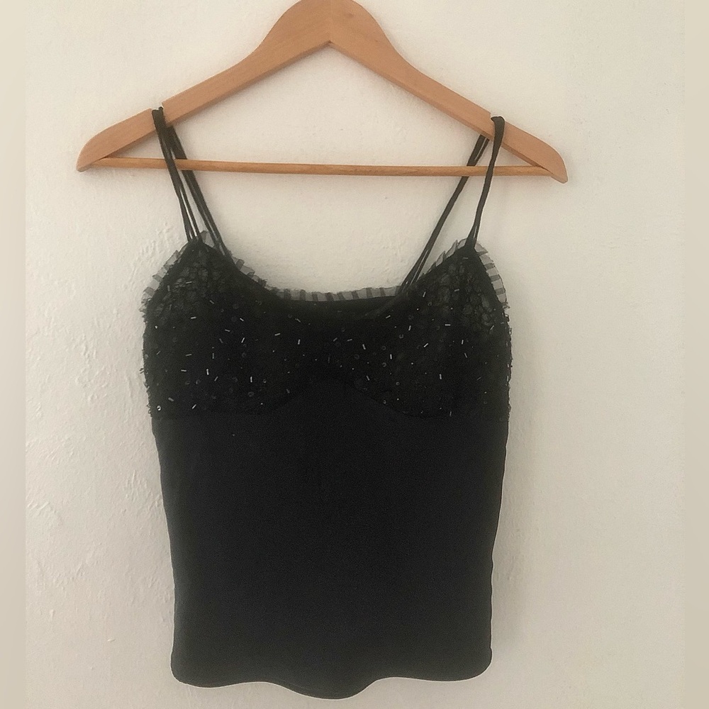 Elie Tahari Black Beaded Lace Cami. Silk body with beaded embellishment on bust.